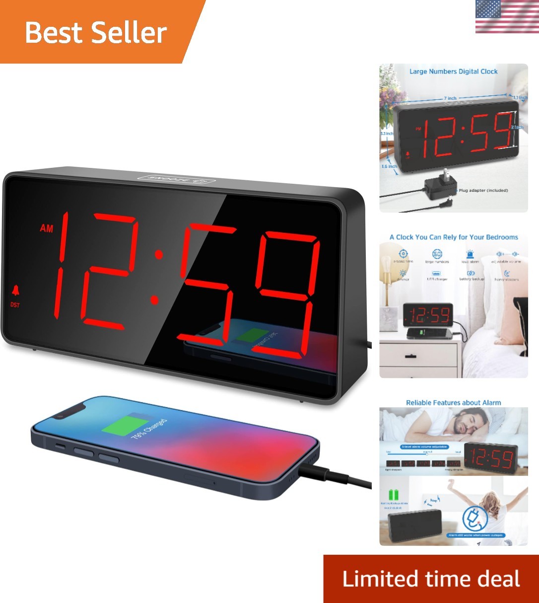 Multi-Display Alarm Clock with USB Port, 5 Volume Settings & Brightness Control gallery