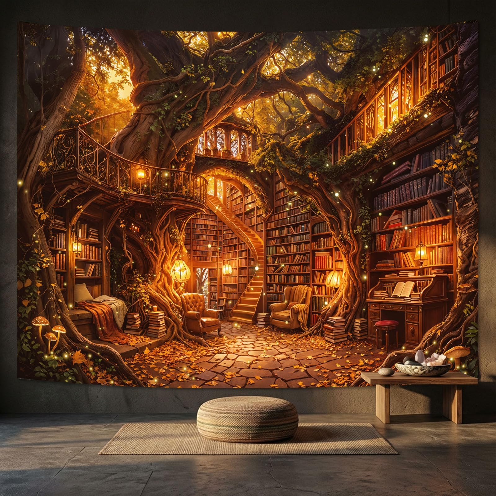 Magical Tree House Library Wall Tapestry, Fantasy Bookshelf Forest Art Tapestrie gallery