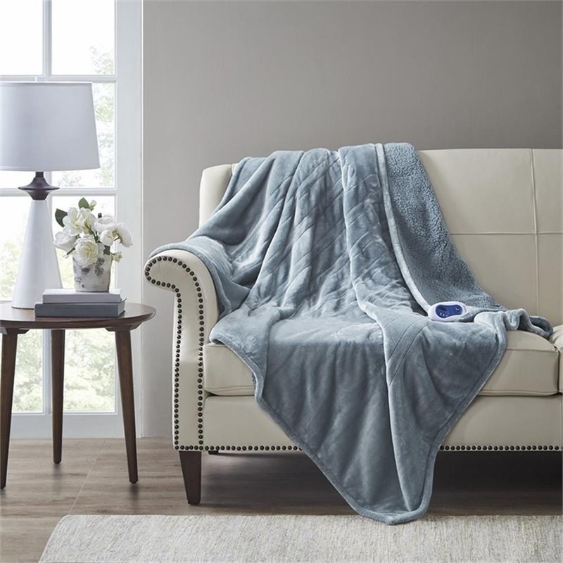 Pemberly Row Polyester Microlight and Berber Solid Heated Throw in Blue gallery
