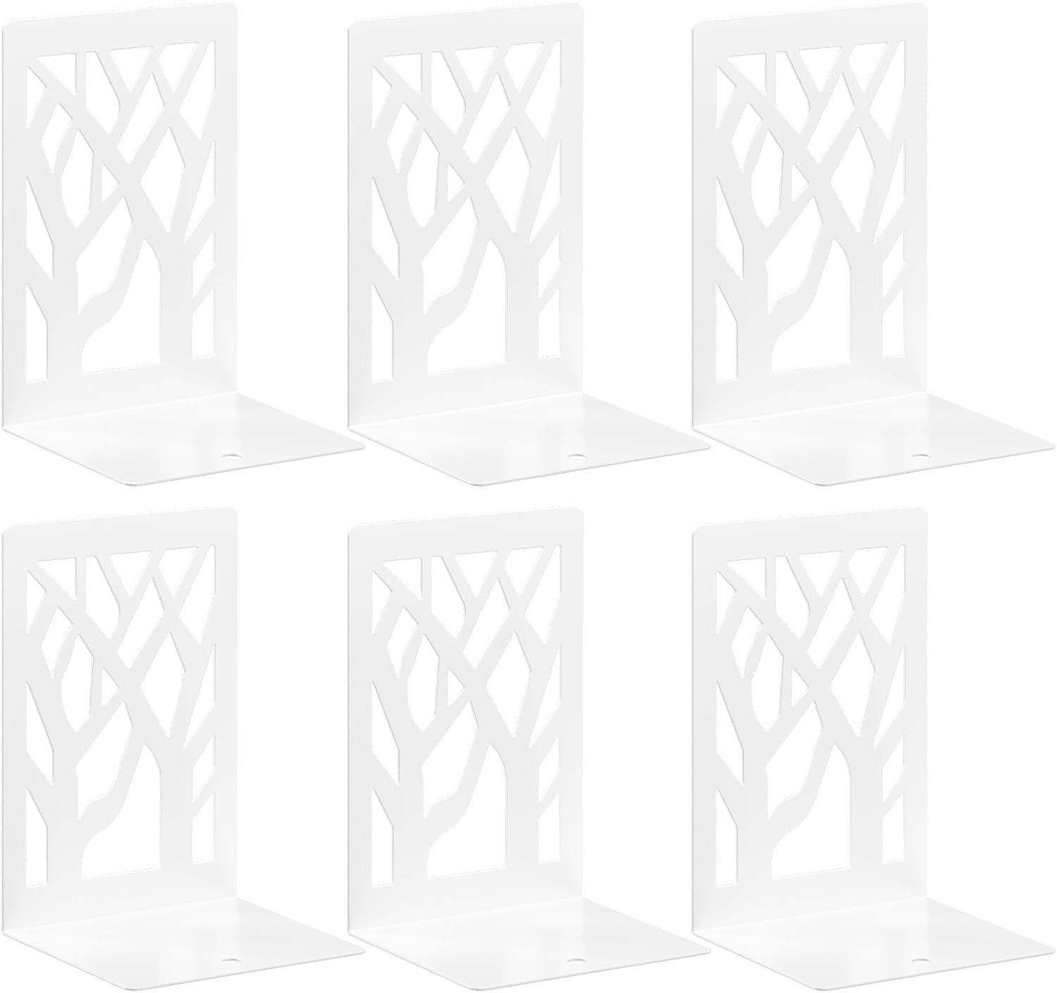 Withe Bookend 6-Piece, Tree Design Bookends for Shelves, Metal Book Ends for gallery