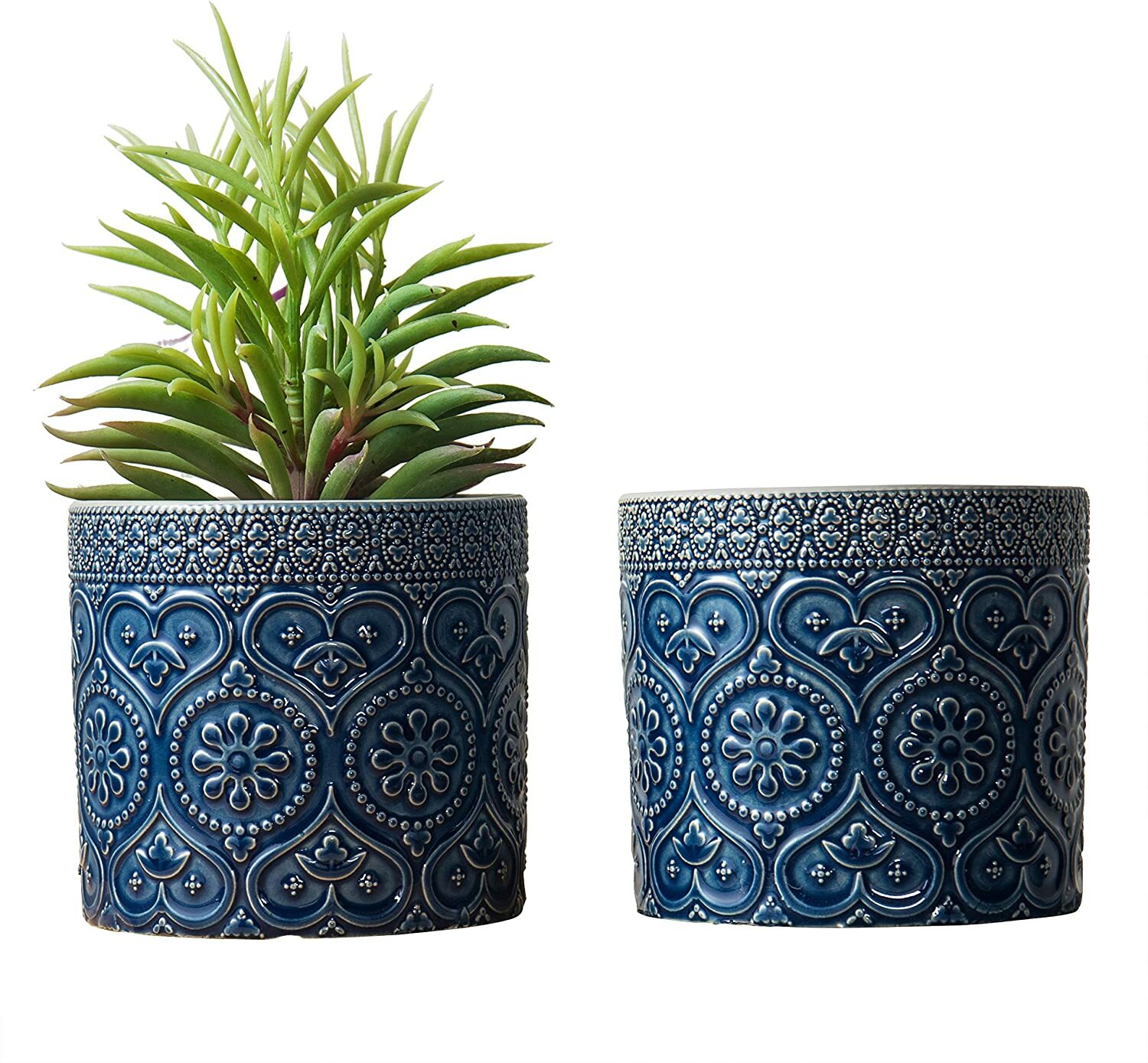 4-Inch Cobalt Blue Ceramic Floral Embossed Succulent Planter Pots, Set of 2 gallery