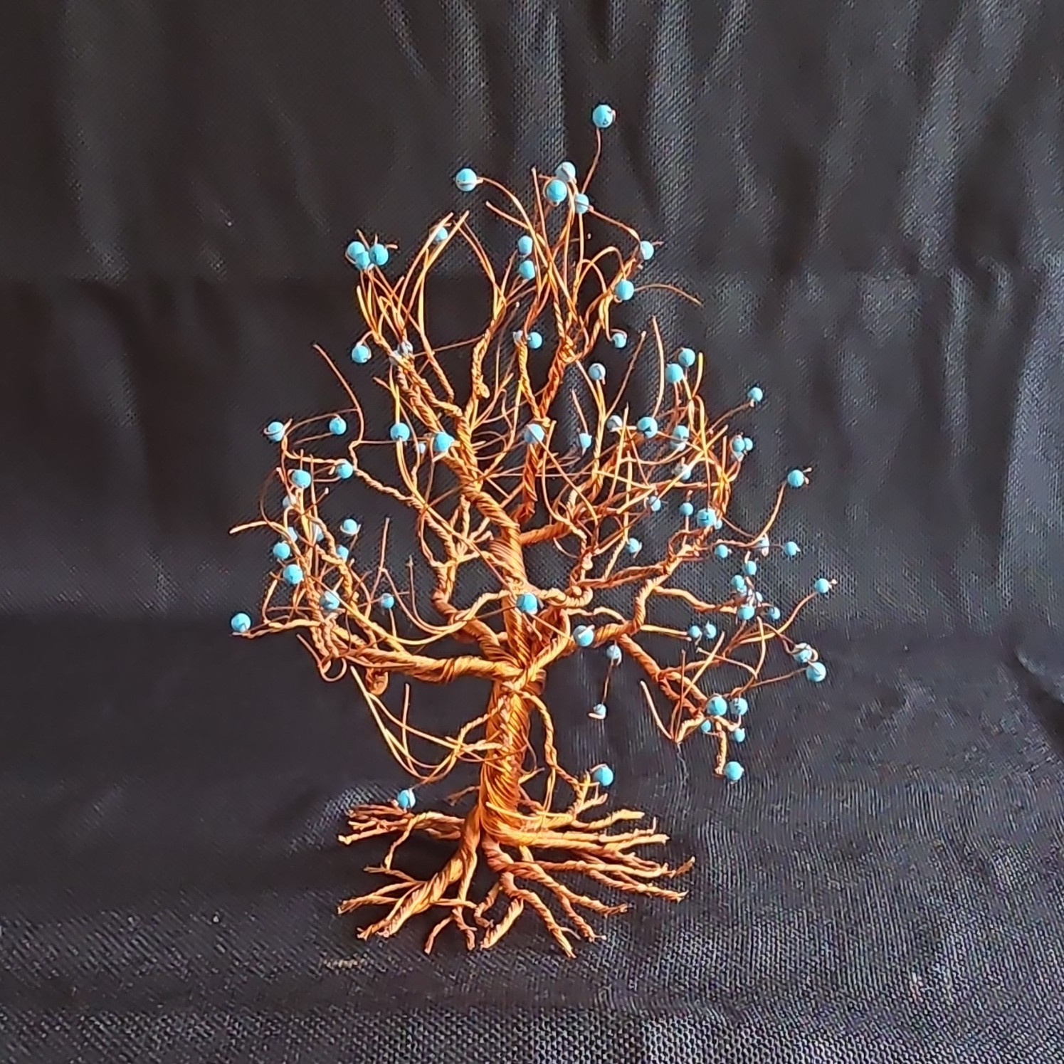Handmade Copper Wire Tree Sculpture with Blue Beads Art Nouveau Nature Decor gallery