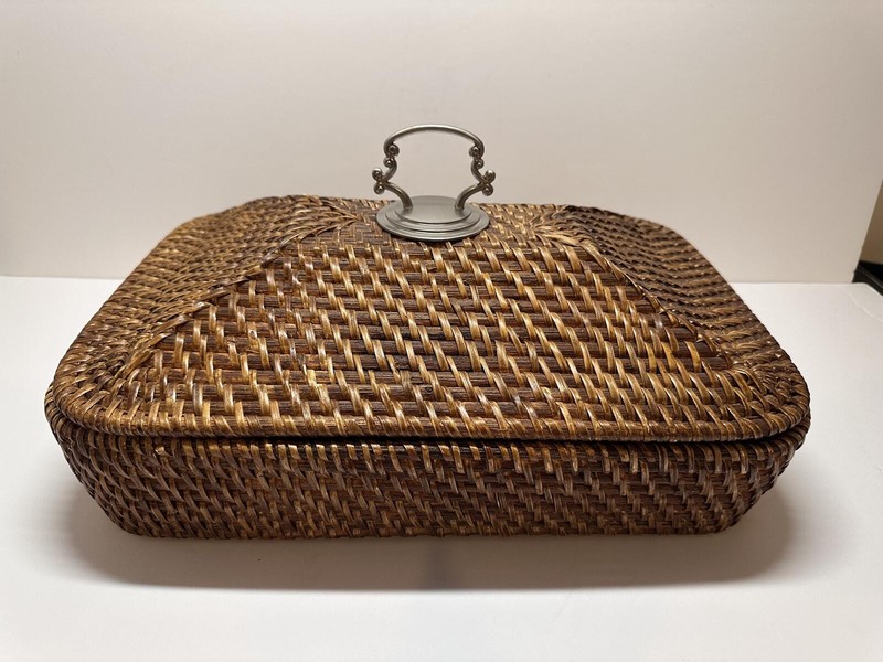 Rectangular Shaped Storage Basket made of Fine Woven Reed with Lid Metal Handle gallery