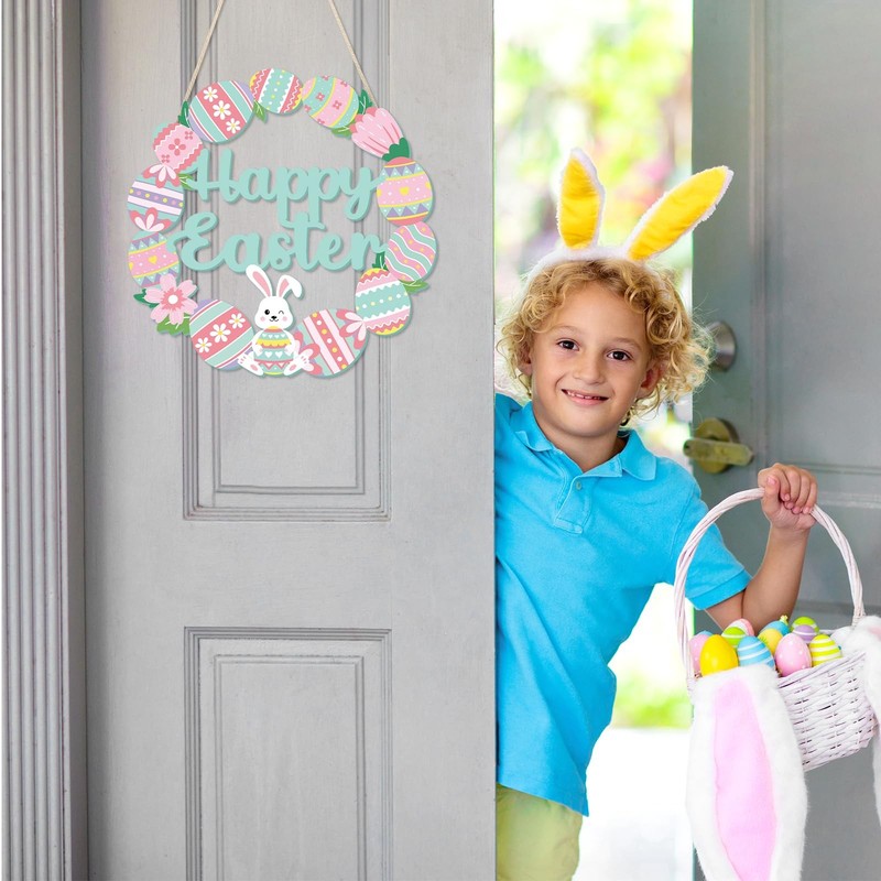 Happy Easter Decorations Sign, Bunny Eggs Wood Wreath for Front Door Porch Wi... gallery