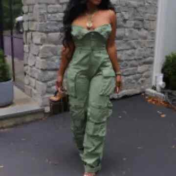Cutenova Strapless Button Front Ruched Cargo Wide Legs Pants Women Jumpsuits gallery