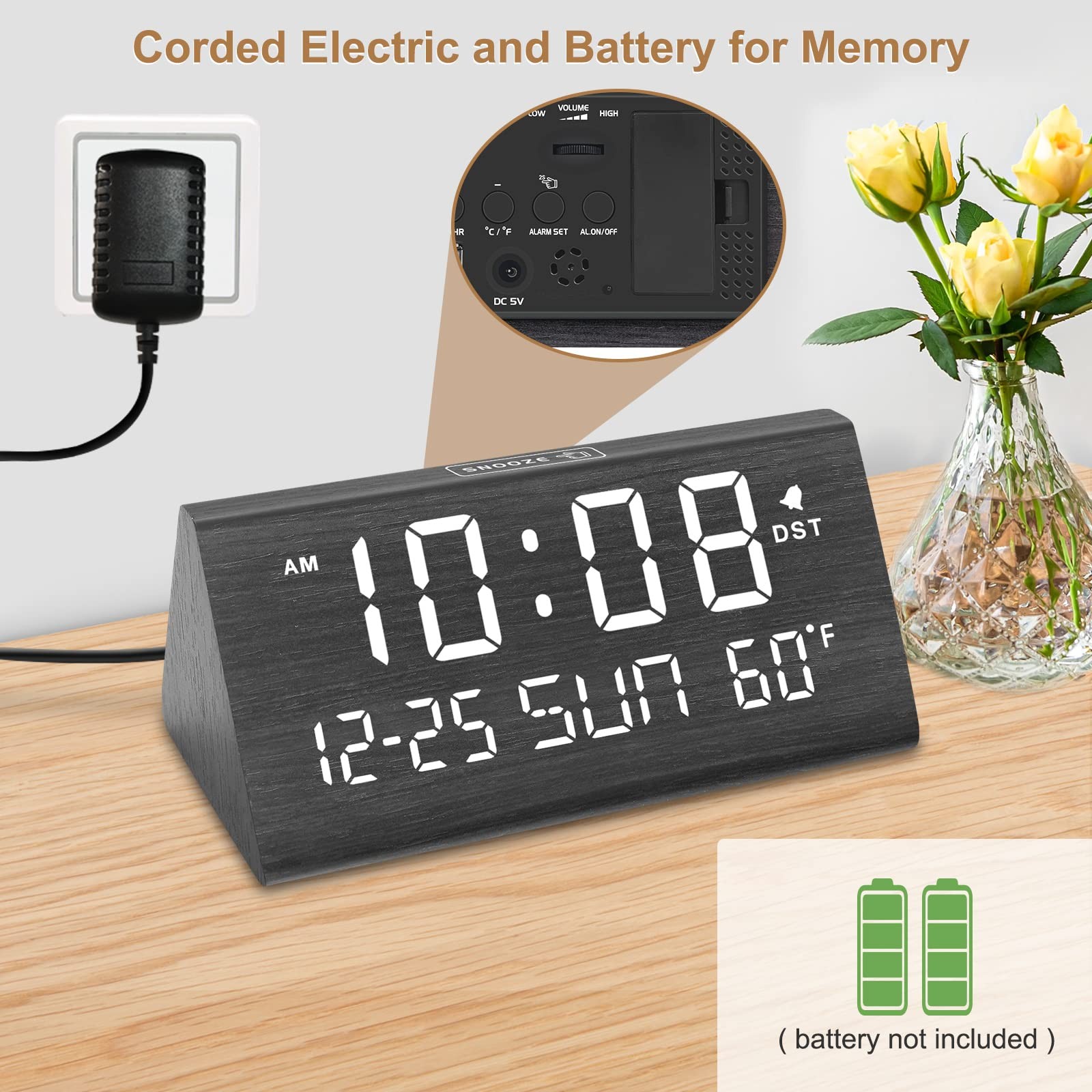Desk Clock With Digital Display, Temperature, Alarm, USB Port, Black gallery