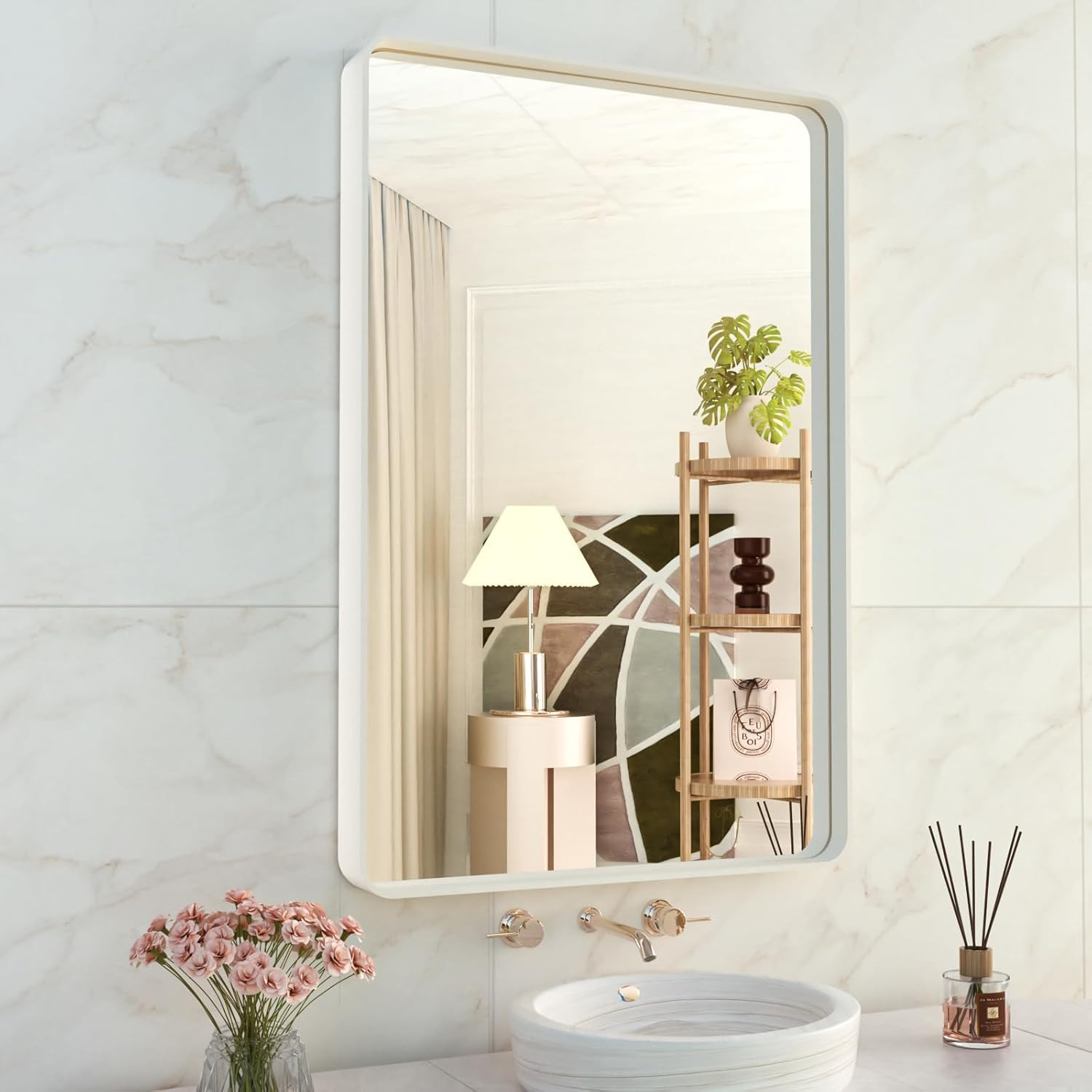 Matte White Rounded Rectangle Bathroom Mirror 24x36, Anti-Rust, Versatile Hang gallery