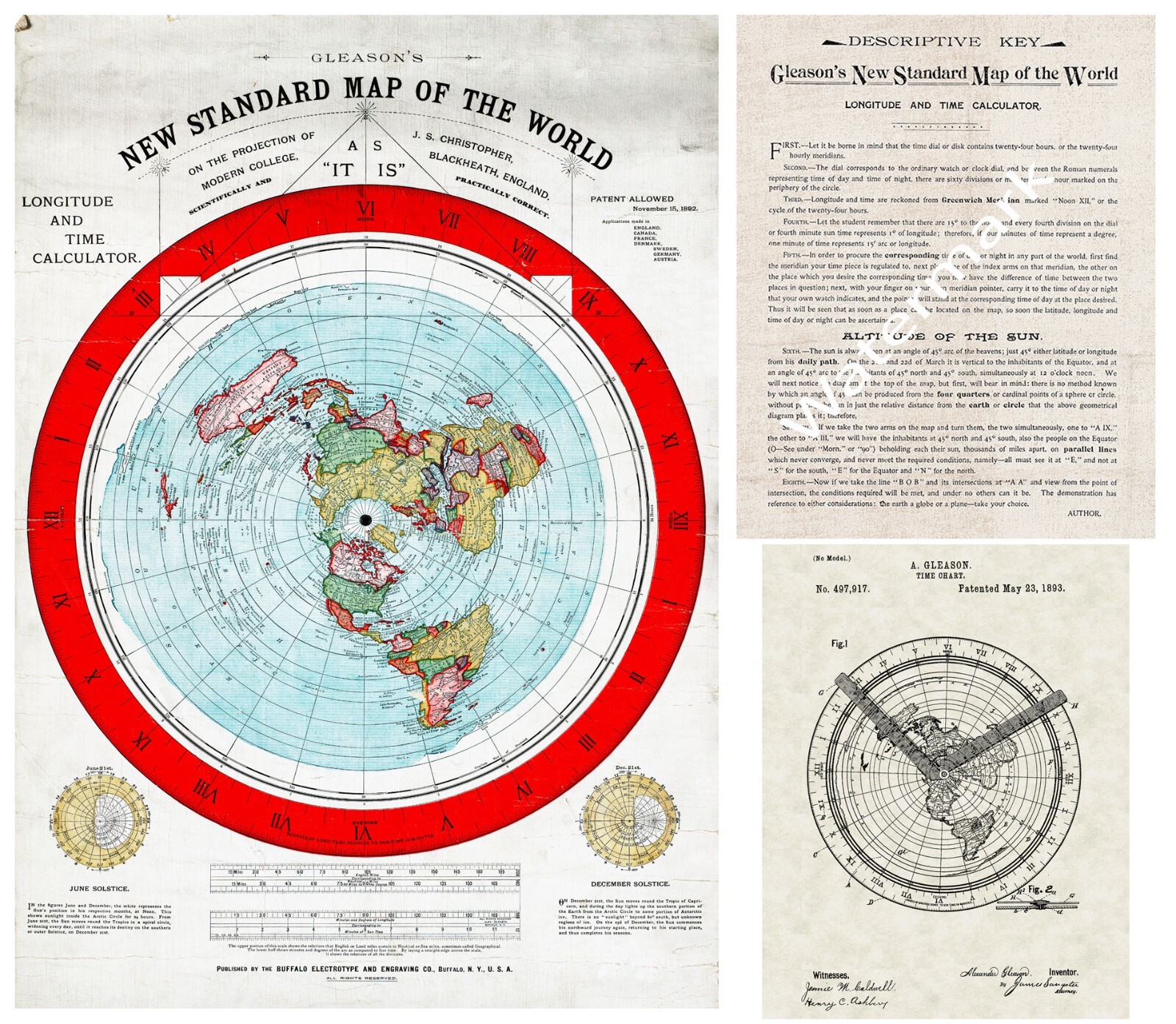 Flat Earth Map + Patent + Verso Key Alexander Gleason's 1892 Standard World Map gallery