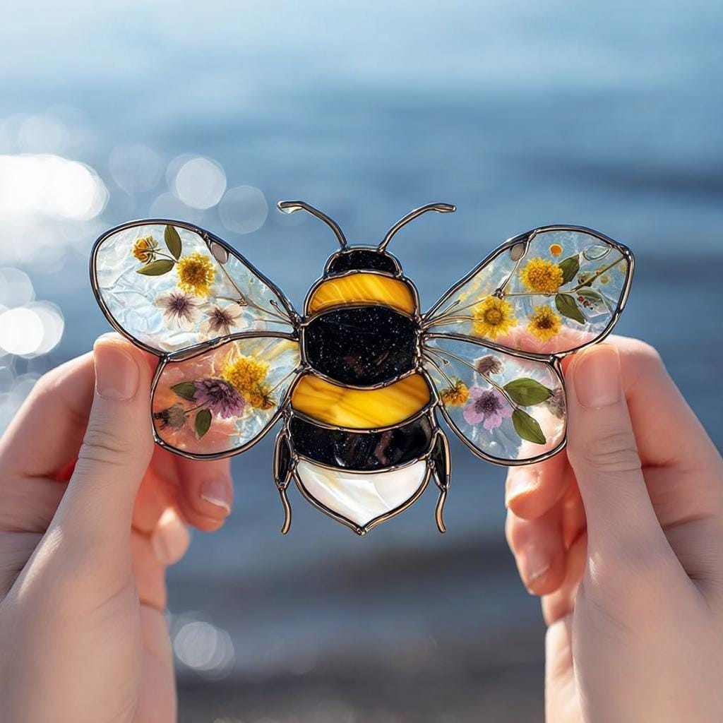 Acrylic Bumble Bee Suncatcher: Nature-Inspired Window Decor with Dried Flowers gallery