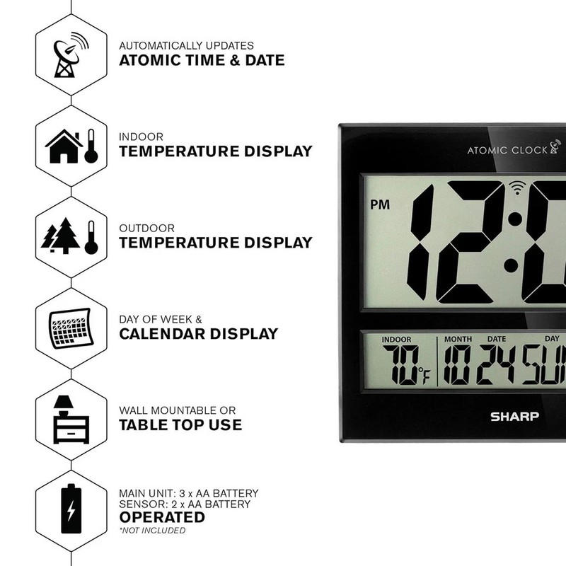 Sharp Atomic Clock – Never Needs Setting, Jumbo 3” Easy-Read Display, Indoor & O gallery