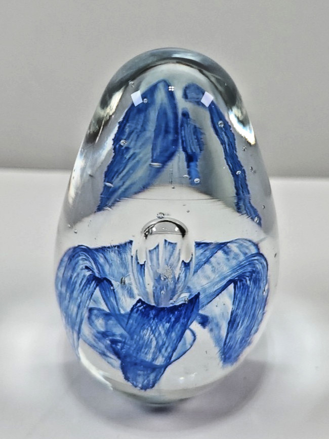 Egg Paperweight Cobalt Blue Encased Flower Hand Blown Art Glass Vintage gallery