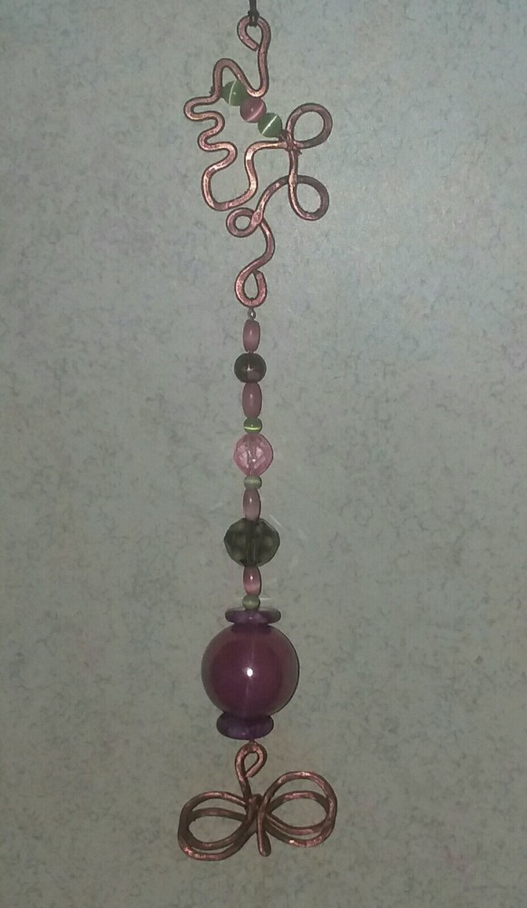 Hand Crafted Sun Catcher Hammered Solid Copper Hanger Multi Color Glass Beads