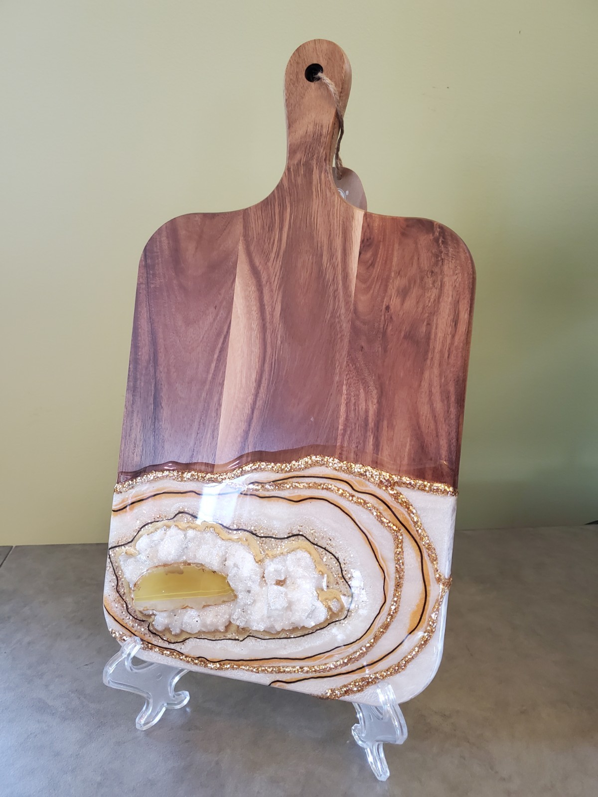 Geode Inspired Cheeseboard decorated w resin, shattered glass, and agate Slice gallery