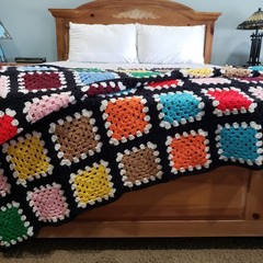 Throw Blanket Crochet Multicolor Granny Square Black Border Handmade Afghan Boho