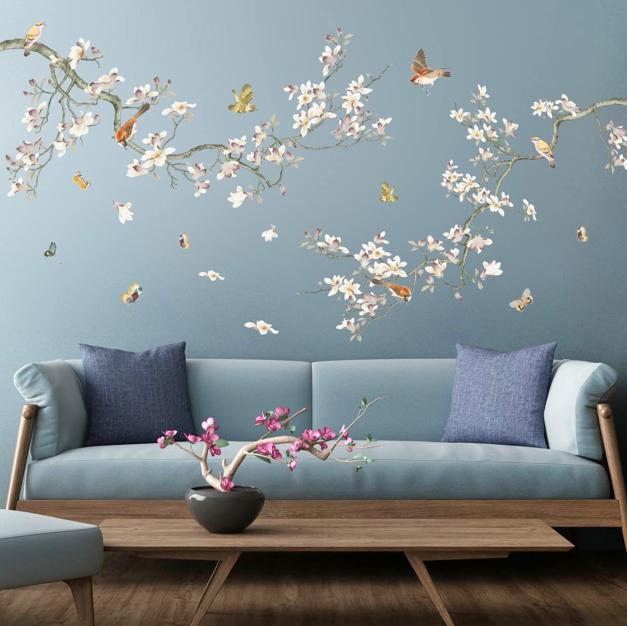 Removable 3D Two Curved Tree Branches Leaves With Colorful Flying Birds Wall ... gallery