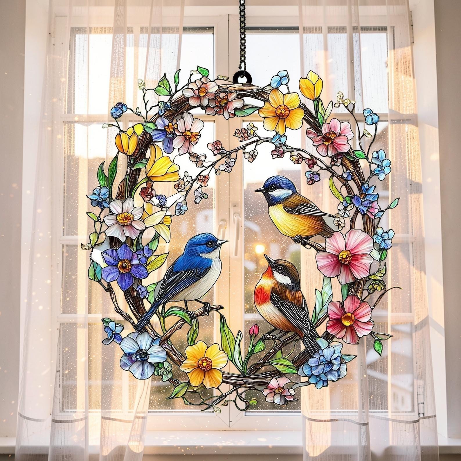 Spring Bird Wreath Acrylic Suncatcher, Bluebird Faux Acrylic Window Hanging gallery