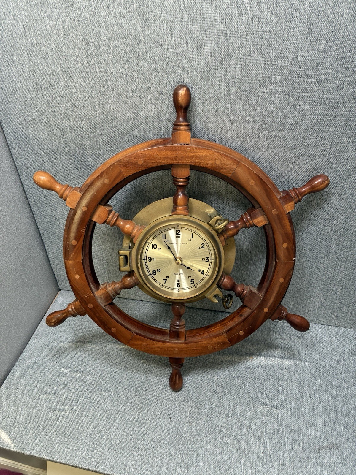 24 In. Ship Wheel Wall Quartz Clock - Brass & Wood [FUNCTIONAL] gallery