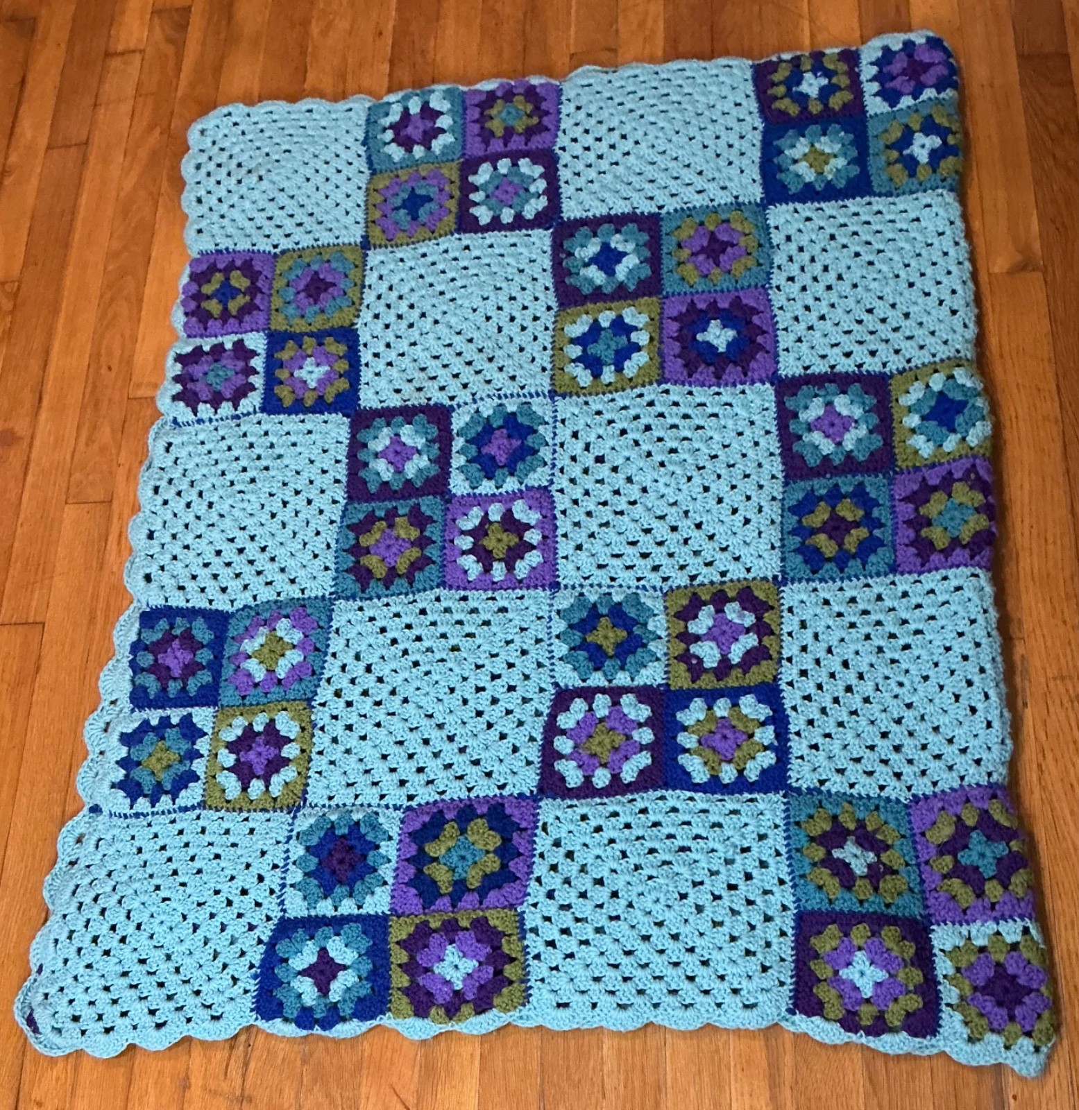 Afghan Blue Multi Color Crocheted Granny Square Bed Coverlet Couch Throw 75”X44” gallery