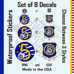 8 5th Air Force patch decals. 2×1″+2″+3″+4″ stickers. USAAF USAF WWII. 3 styles
