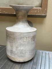 VTG Whitewashed Mango Wood Hand Carved Tall Vase Genie Bottle 12″ x 7″
